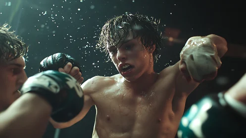 Young boxer throws powerful punch amid water droplets in intense combat.