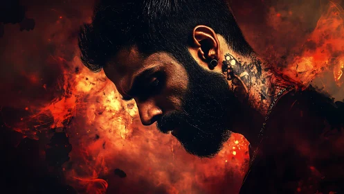 Profile view of tattooed man against abstract fiery backdrop.