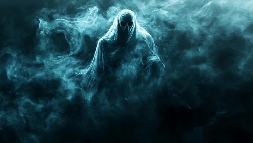 Ghostly hooded figure emerges from dense swirling smoke