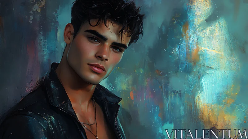 Male figure in leather jacket poses before abstract backdrop