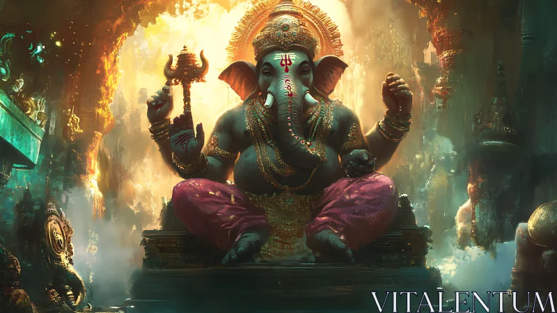 Divine elephant deity in ornate luminous temple setting.