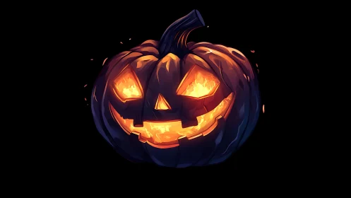 Glowing jack o lantern carved pumpkin on black background.