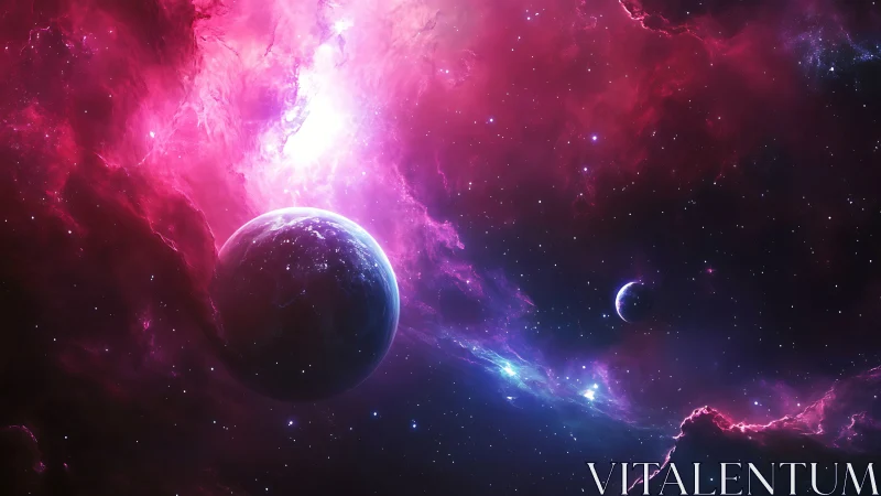 Planetary system within dense pink nebula cloud field.
