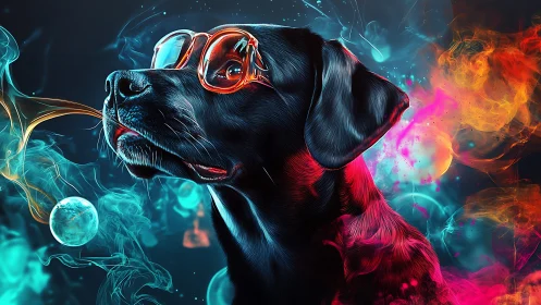 Black labrador with glasses amid neon smoke clouds.