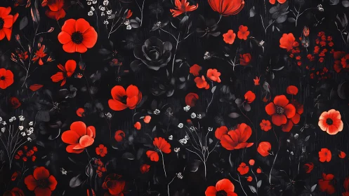 High-contrast botanical composition with luminous red flowers against deep black background renderin