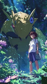Boy and giant creature in luminous anime forest tableau.
