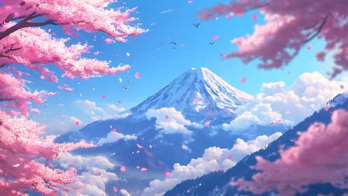 Snowy mountain peak framed by bright pink cherry blossoms.