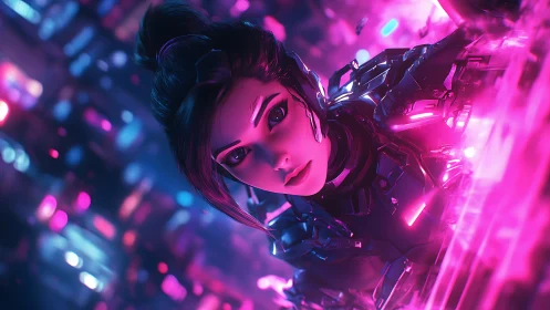 Cybernetic heroine dives through neon-lit digital chaos.