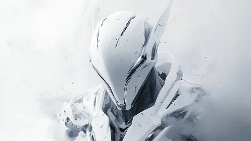 Cybernetic white exosuit android rendered in ethereal haze