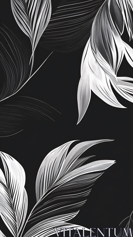 Monochrome palm leaves sweep across deep charcoal space.