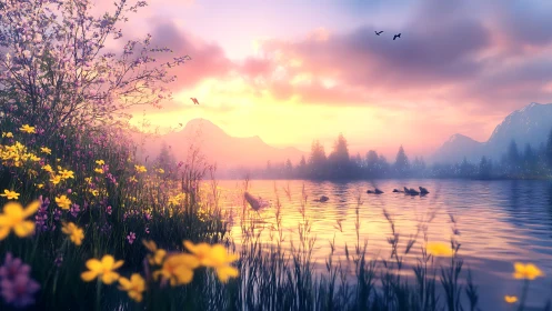 Sunlit alpine lake with wildflower shoreline and pastel sky.