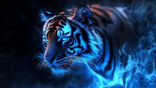 Spectral neon tiger prowls through electric sapphire mist.