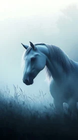 White horse stands in misty blue-toned grassland at dawn