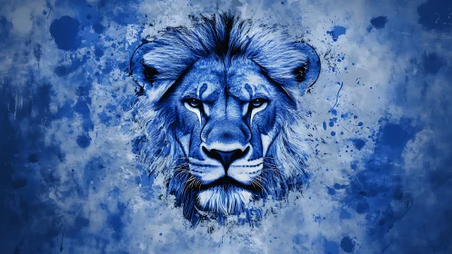 Blue lion portrait with splattered abstract paint background.