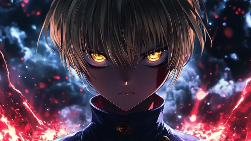 Golden-eyed hero standing firm in stormlit embers.