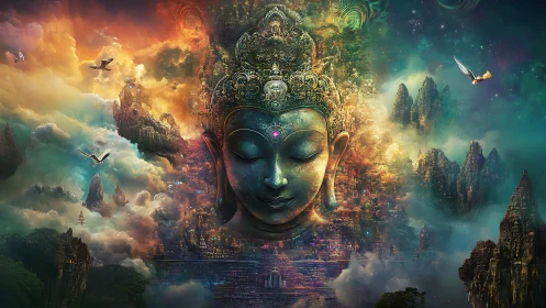 Buddha head amid layered mountains and luminous clouds.