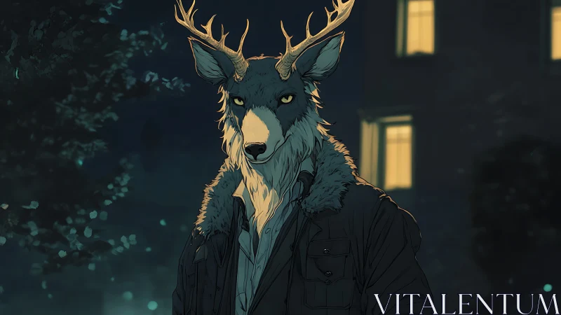 Antlered wolf man stands in moody lamplit urban night