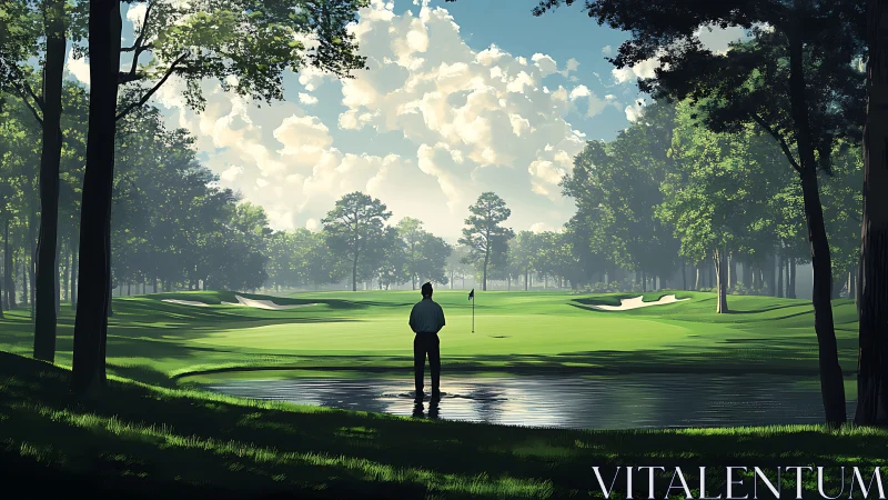Solitary golfer observing calm green across still pond.