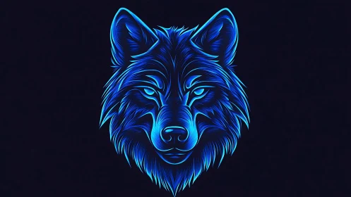 Stylized blue wolf head illustration on dark background.
