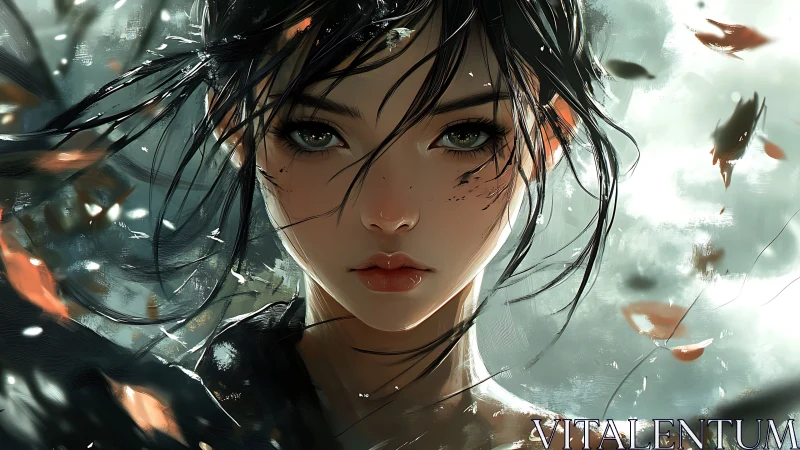 Storm-kissed gaze carves quiet intensity through swirling leaves