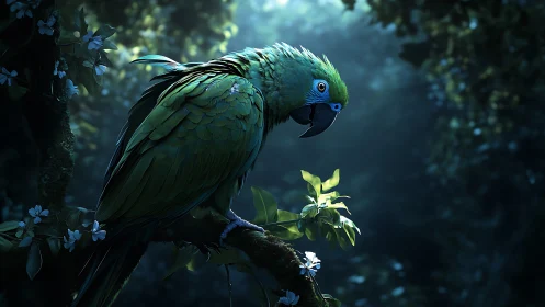 Moonlit jungle parrot resting in a hush of emerald light.