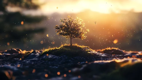 Lone Tree on Mossy Hill at Sunset in Dreamy Nature Art.