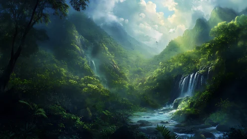 Mountain Valley with Cascading Waterfall and Misty Vegetation