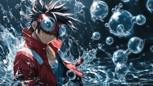 Goggled character in red jacket amid suspended water bubbles.