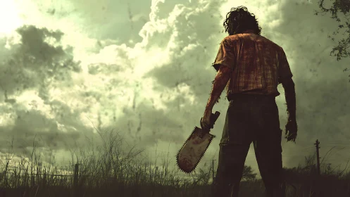 Chainsaw drifter stalks a feverish stormlit wasteland.