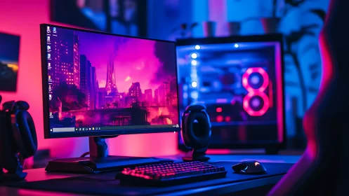 RGB gaming desktop with ultrawide monitor in neon room