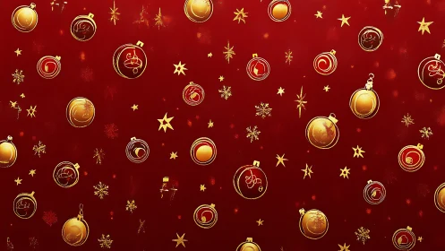 Gold Christmas baubles scatter over deep red festive field.