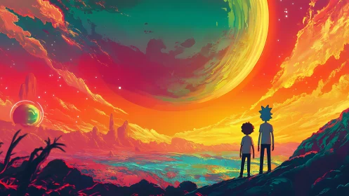 Two figures observe vivid alien landscape and planet.