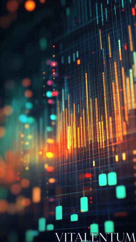 Vertical data visualization bars form structured neon grid