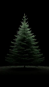 Evergreen conifer tree centered on dark black background.