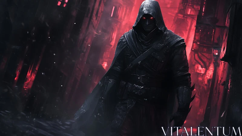 Hooded wanderer crossing a crimson neon alleyway at dusk.