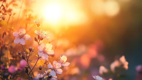 Golden sunrise gently warms delicate spring blossoms
