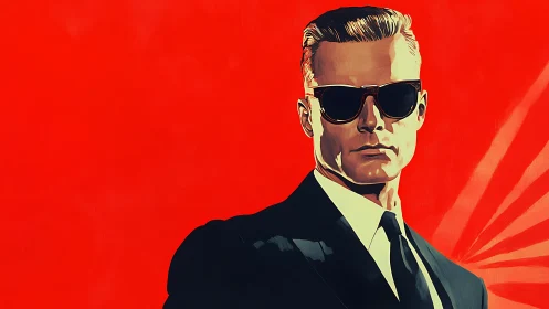 Cool suited agent stands bold against a blazing red sky
