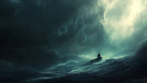 Lone rower confronts stormlit ocean under swirling clouds.