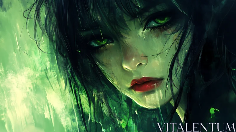 High-contrast green portrait depicts melancholic girl in dynamic brushwork
