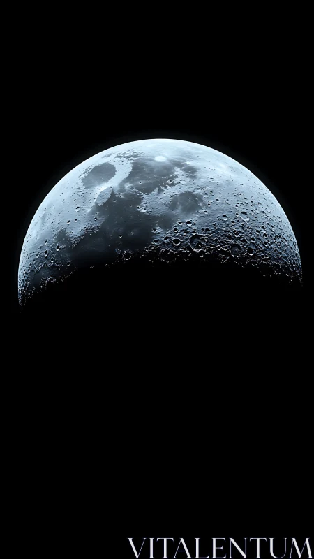 Half illuminated moon surface shows detailed craters sharply