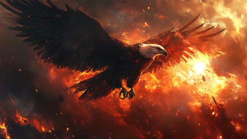 Majestic Bald Eagle Soaring Through Fiery Skies in Digital Art.