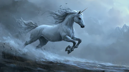 Stormlit unicorn racing through clouds and wild mountain mist.