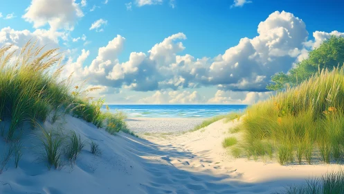 Coastal dune path with textured sand, dune grasses and stratified cumulus