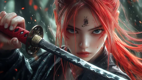 Red haired anime warrior with katana in intense close up.