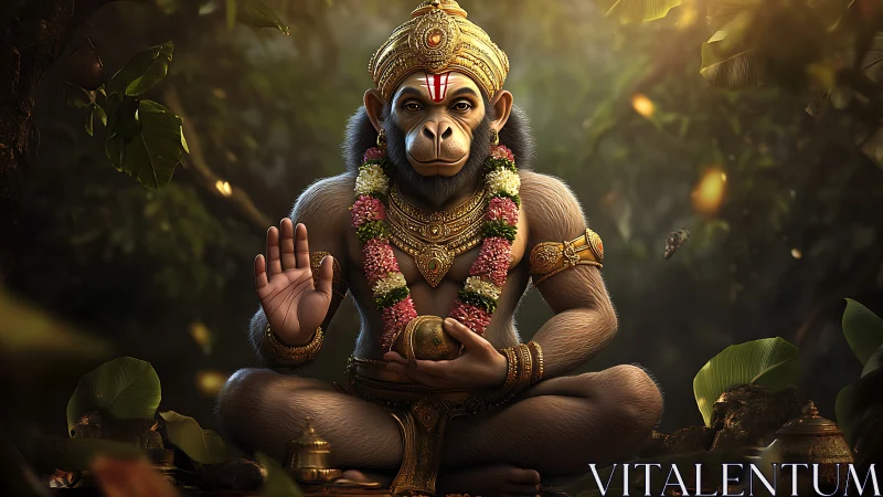 Divine simian deity meditates in lush, glowing forest shrine.