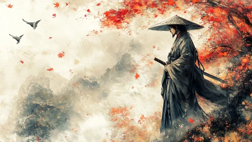 Ronin swordsman in autumn misted mountains, digital artwork