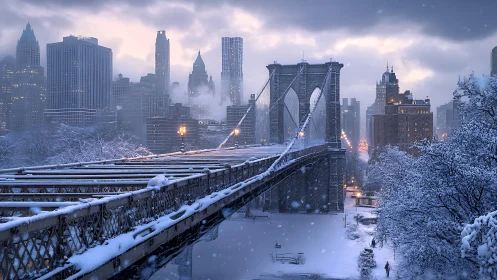 Snow-laden suspension bridge and winter urban skyline at dusk.