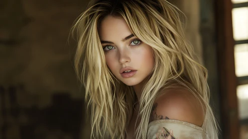 Woman with blonde hair looks directly into the camera indoors