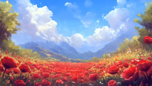 Crimson poppy sea blooms beneath dream-bright highlands sky.