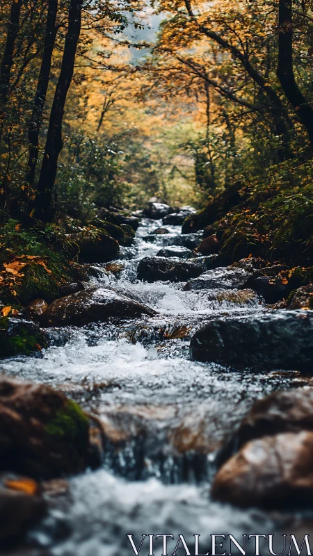 Mountain forest stream flows through autumn rocks and foliage